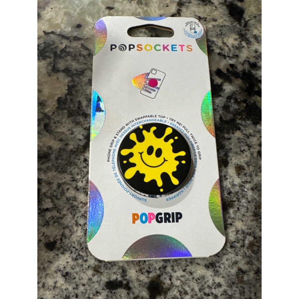 PopSockets PopGrip Phone Stand OS Yellow Black NEW Smiley Splat Swappable Top